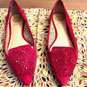 VINCE CAMUTO Estina Suede Pointy Toe Laser Cut Flats - Red Suede